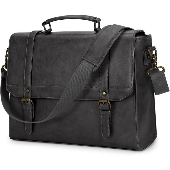 🆕 Men Grey Vintage Leather Laptop Computer Retro Work Business Shoulder Bag - Picture 2 of 10